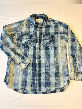 Ryan Michael Indigo Plaid Western Snap Shirt Linen Blend Large